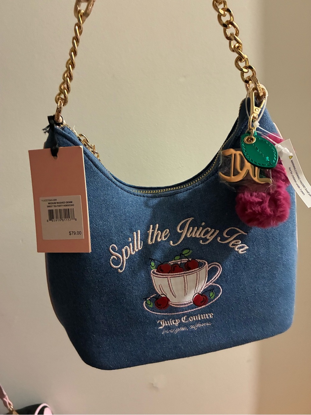 Juicy Couture Denim Shoulder Bag in Blue with Gold Chain